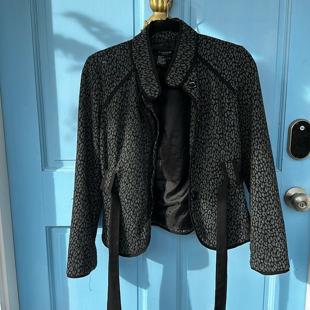 Sandro Sportswear Jacket Black Animal Print Belted Polyester size S